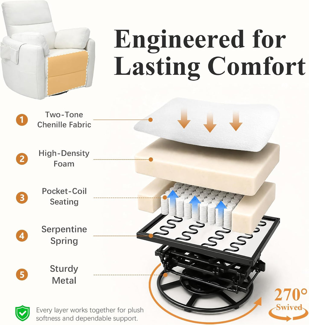 Oversized Power 270°Swivel Rocking Recliner Chair Nursery, White | Wraparound Arms, Four Storage Side Pockets, Detachable Organizer, 2 Pillows, USB & Type-C, One-Touch Controls, 30°Rocking