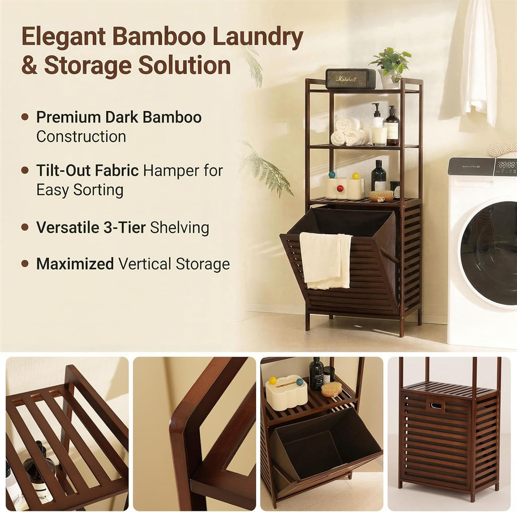 Baveke Bamboo Laundry Hamper with 3 Tier Shelves, Tilt Out Laundry Basket with Removable, Bathroom Storage Cabinet for Dirty Clothes, Hidden Corner Laundry Hamper for Bedroom, FSC-Certified, Brown