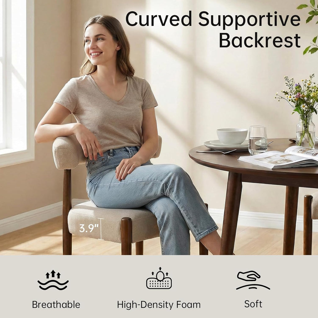 VKNOW Wooden Dining Chairs Set of 4, Modern Upholstered Dining Room Chairs with Walnut Wood Legs and Curved Backrest, Fabric Kitchen Chairs for Farmhouse/Living Room/Dining Room, Beige