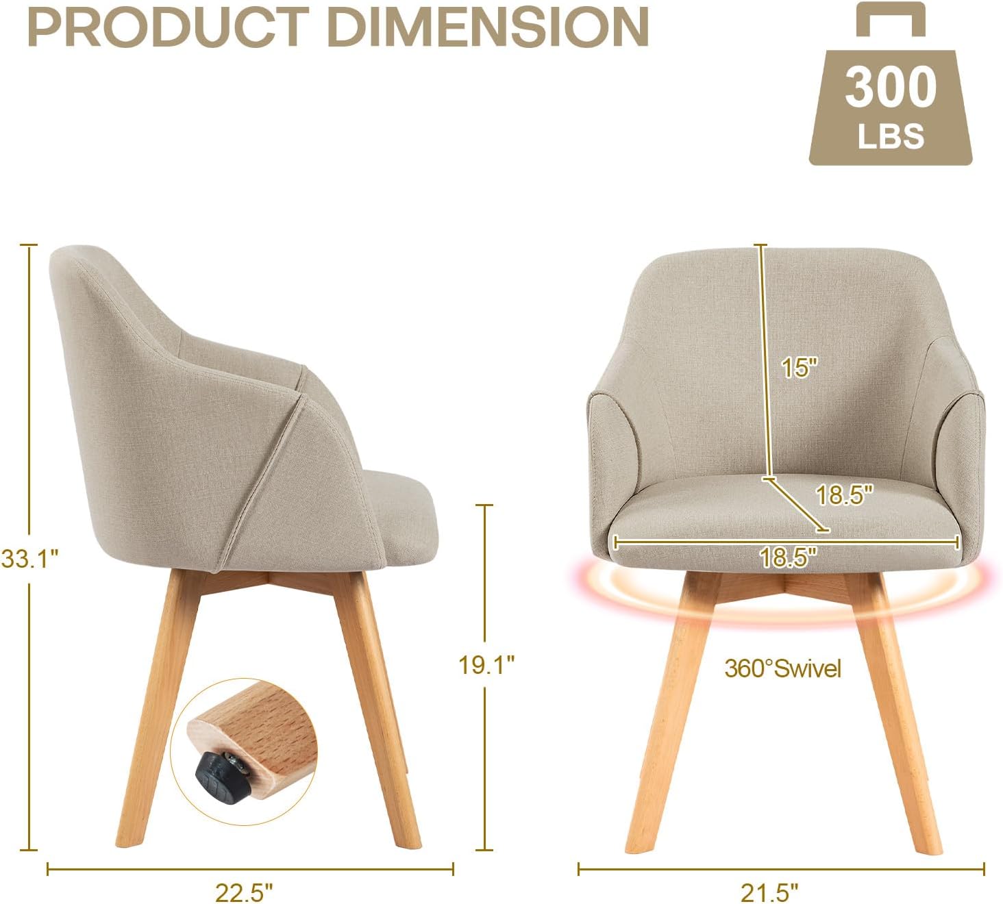 Swivel Dining Chairs Set of 4, Mid Century Modern Dining Chairs with Arms and Wood Legs, Linen Fabric Upholstered Kitchen Chairs for Dining Room Living Room, Comfortable Widen Seat, Sand