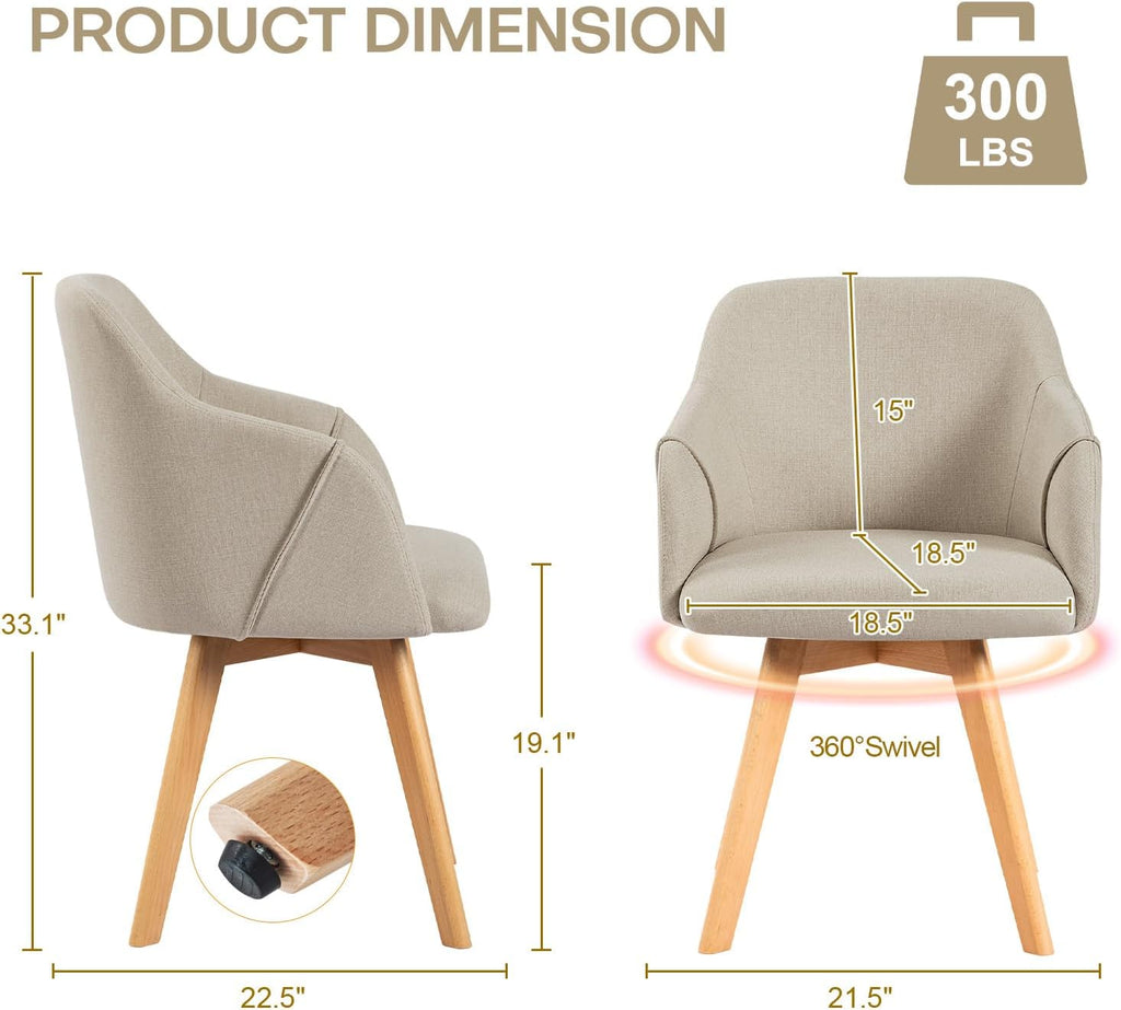 Swivel Dining Chairs Set of 4, Mid Century Modern Dining Chairs with Arms and Wood Legs, Linen Fabric Upholstered Kitchen Chairs for Dining Room Living Room, Comfortable Widen Seat, Sand