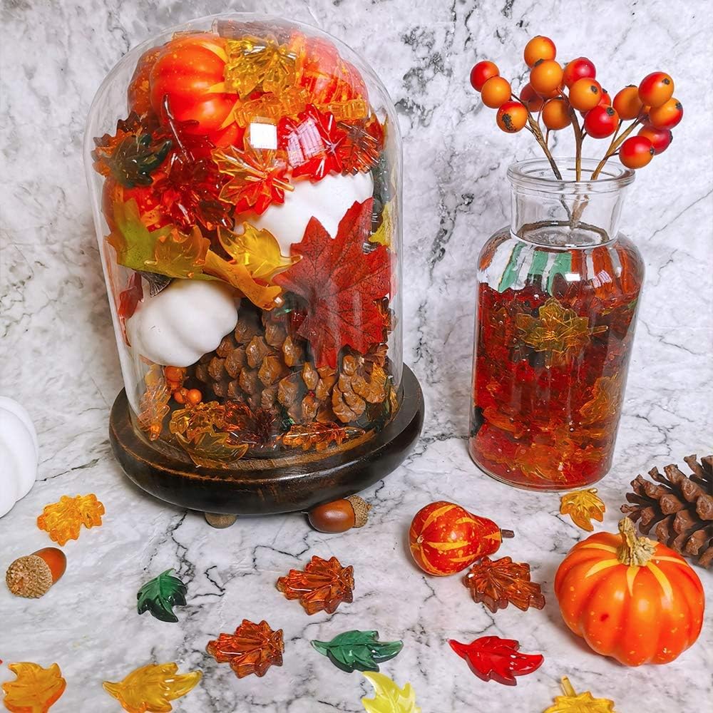 90 Pieces Acrylic Gems Leaves Mini Acrylic Pumpkin Maple Leaves Acorns Crystals Gems for Thanksgiving Home Decor Autumn Table Scatters Decoration Favor Vase Filler(6 Colors)