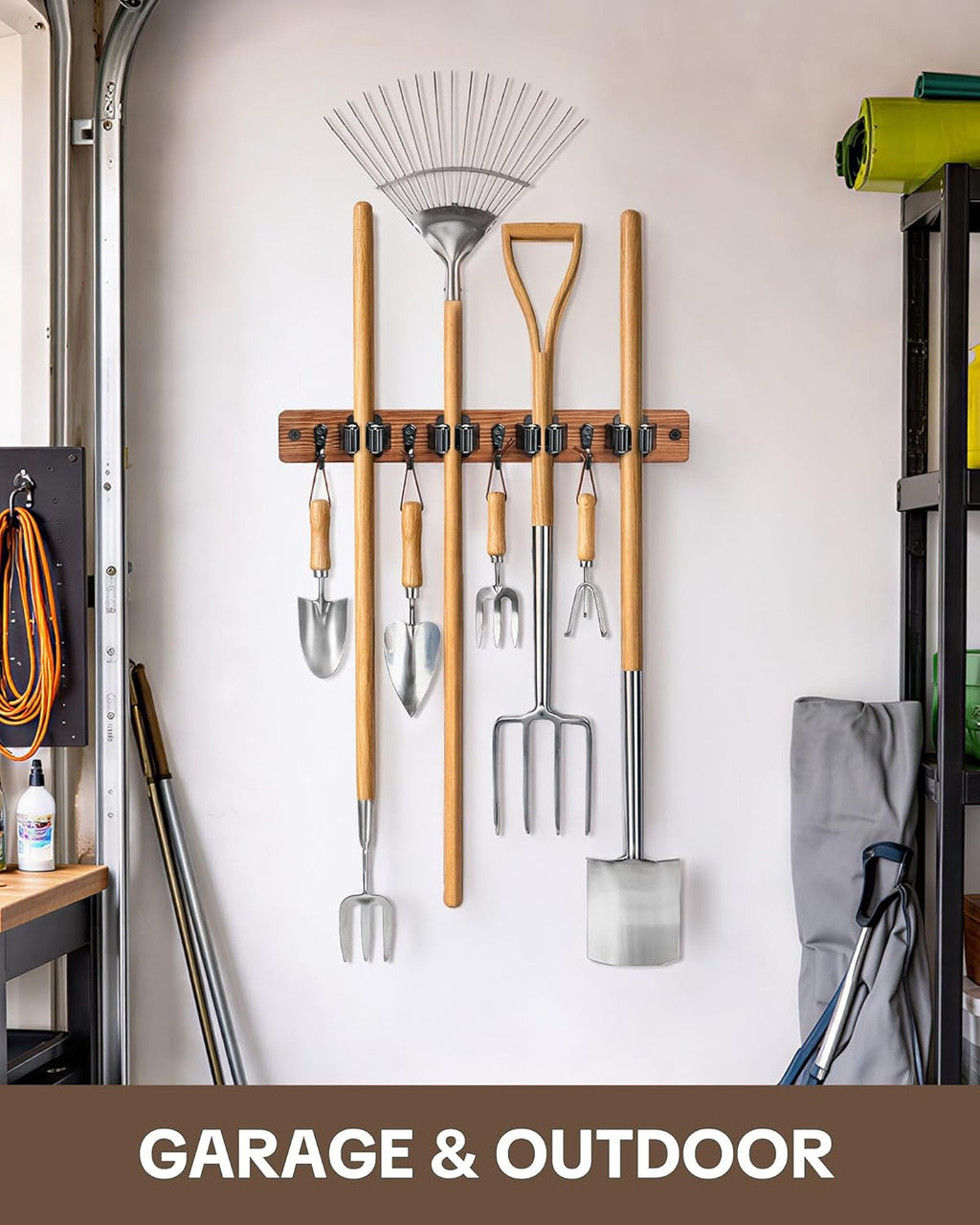 Lorbro 2 Pack Broom Holder Wall Mount, Wooden Broom and Mop Organizer Wall Hanging, Mop Hanger Rack with 4 Slots & 4 Hooks, Tool Organizer for Laundry Room, Closet, Garage, Kitchen