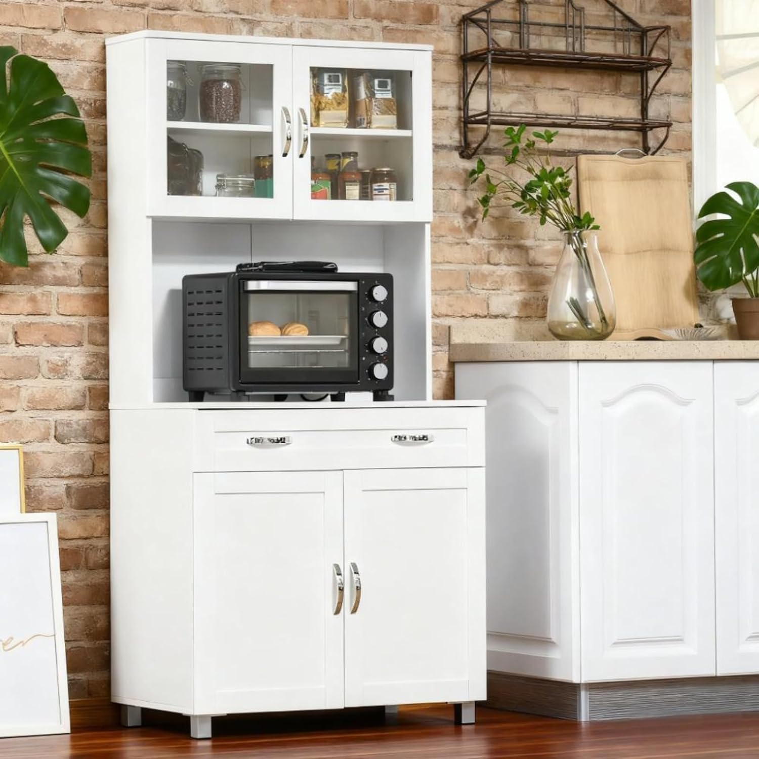Hassyee Classic Contemporary Look Storage Cabinets, Kitchen Pantry Freestanding Storage Cabinet with 2 Double-Door Cabinets and 2 Framed Glass Doors