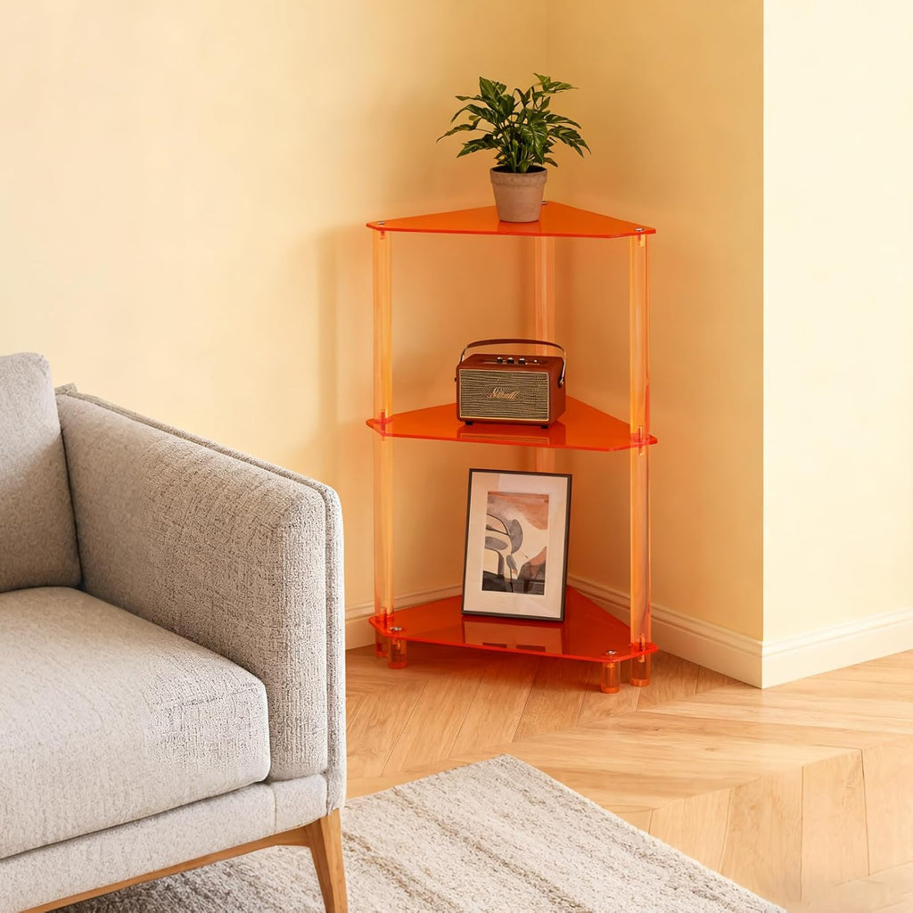 3-Tier Triangle End Table, Orange Acrylic Side Table for Living Room, Bedroom, Office, Freestanding Corner Shelf Stand for Small Space, 11.8"x11.8"x26", 22 lbs Capacity