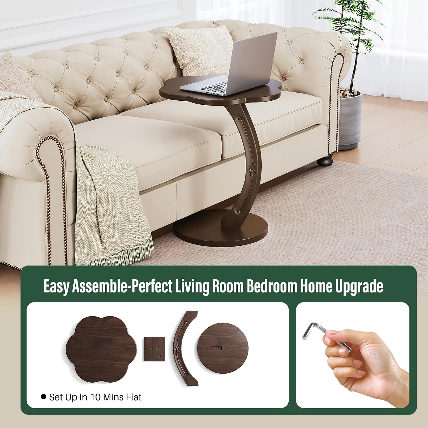 C-Shaped End Table for Couch - Round Small C Side Table, Flower Handmade Wood Sofa Couch Tables That Slide Under Bedside, Saving Space Wooden Tray for Living Room, Small Space, (Dark Walnut)