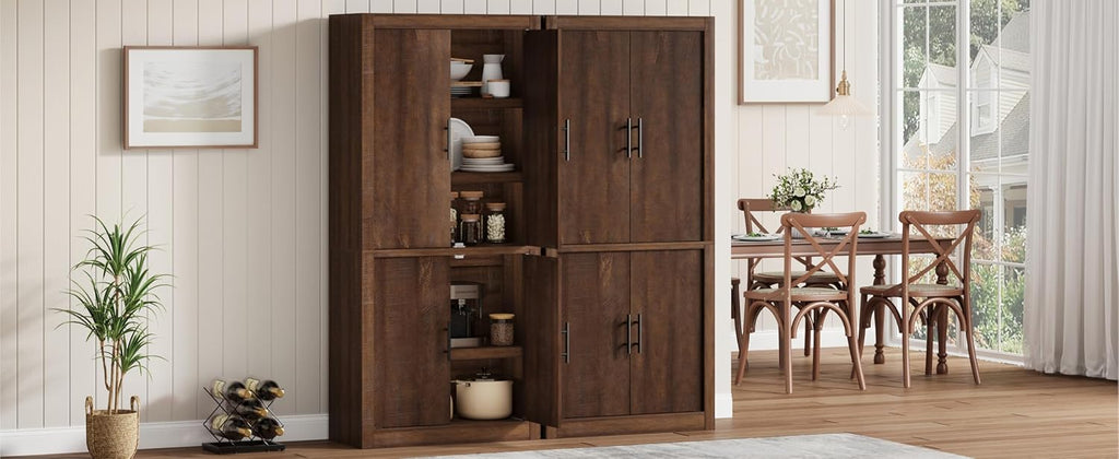 Takywep 70.45” Tall Farmhouse Kitchen Pantry Cabinet, Wood Storage Cabinet with 4 Doors & Adjustable Shelves, Anti-Tip Design, Sturdy Bookcase for Kitchen/Dining/Office, Walnut