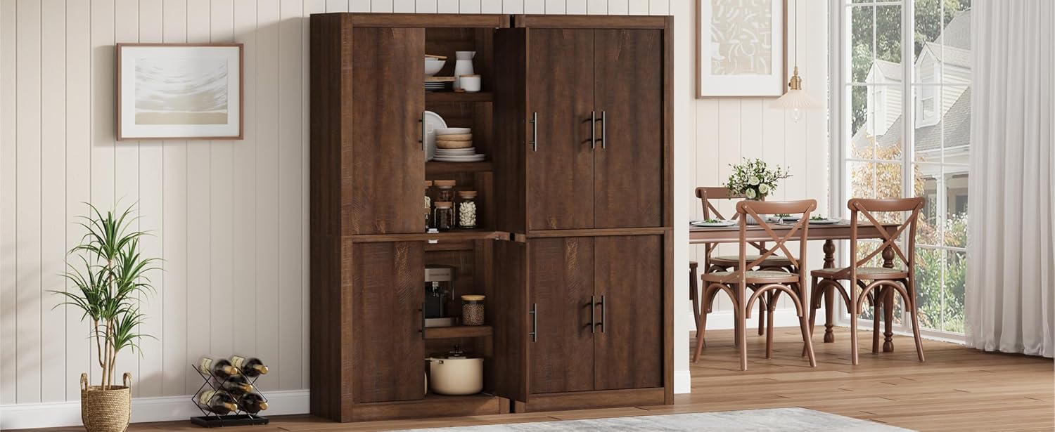 Takywep 70.45” Tall Farmhouse Kitchen Pantry Cabinet, Wood Storage Cabinet with 4 Doors & Adjustable Shelves, Anti-Tip Design, Sturdy Bookcase for Kitchen/Dining/Office, Walnut