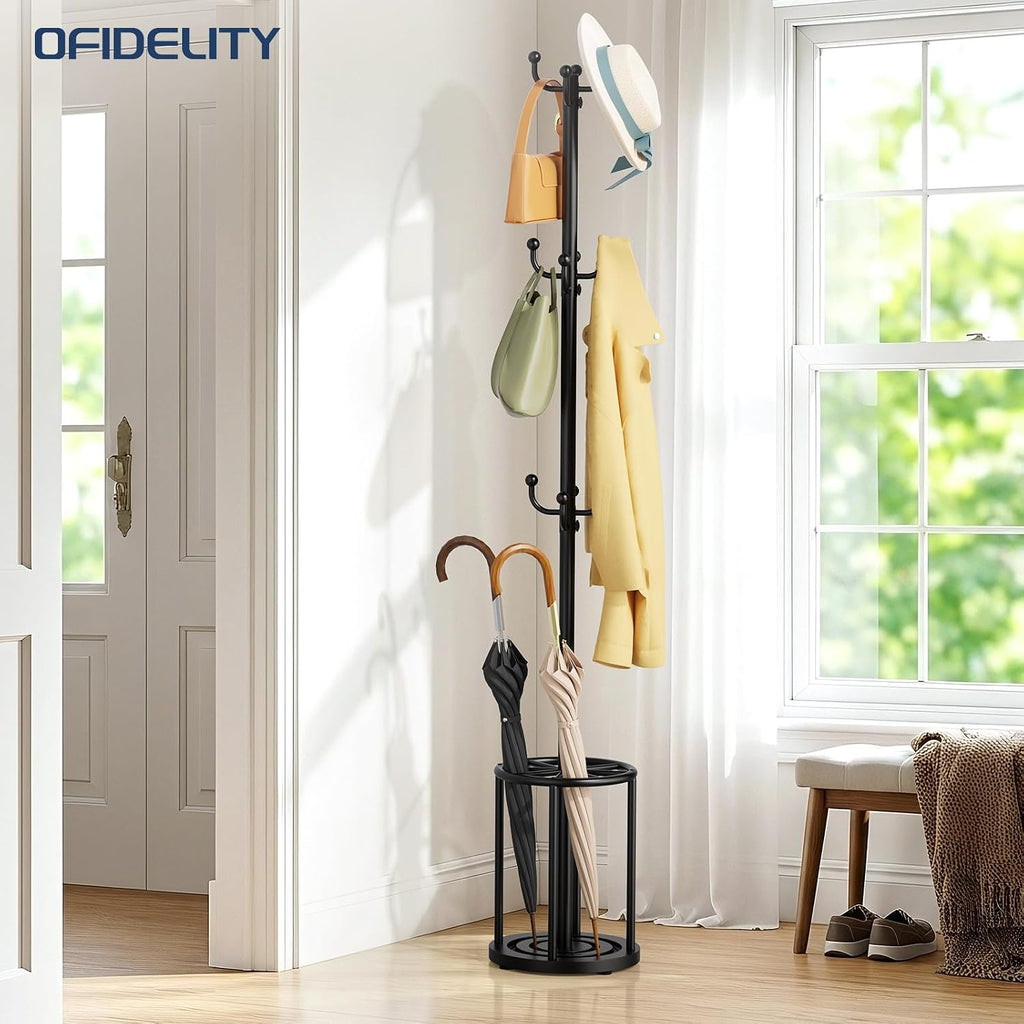 Coat Rack Freestanding, Black Coat Rack with Umbrella Holder, standing hat rack umbrella stand for entryway, coat hanger stand with 12 Hooks, office coat tree for Hat, Umbrella, jacket, Bag, Clothes