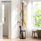 Coat Rack Freestanding, Black Coat Rack with Umbrella Holder, standing hat rack umbrella stand for entryway, coat hanger stand with 12 Hooks, office coat tree for Hat, Umbrella, jacket, Bag, Clothes