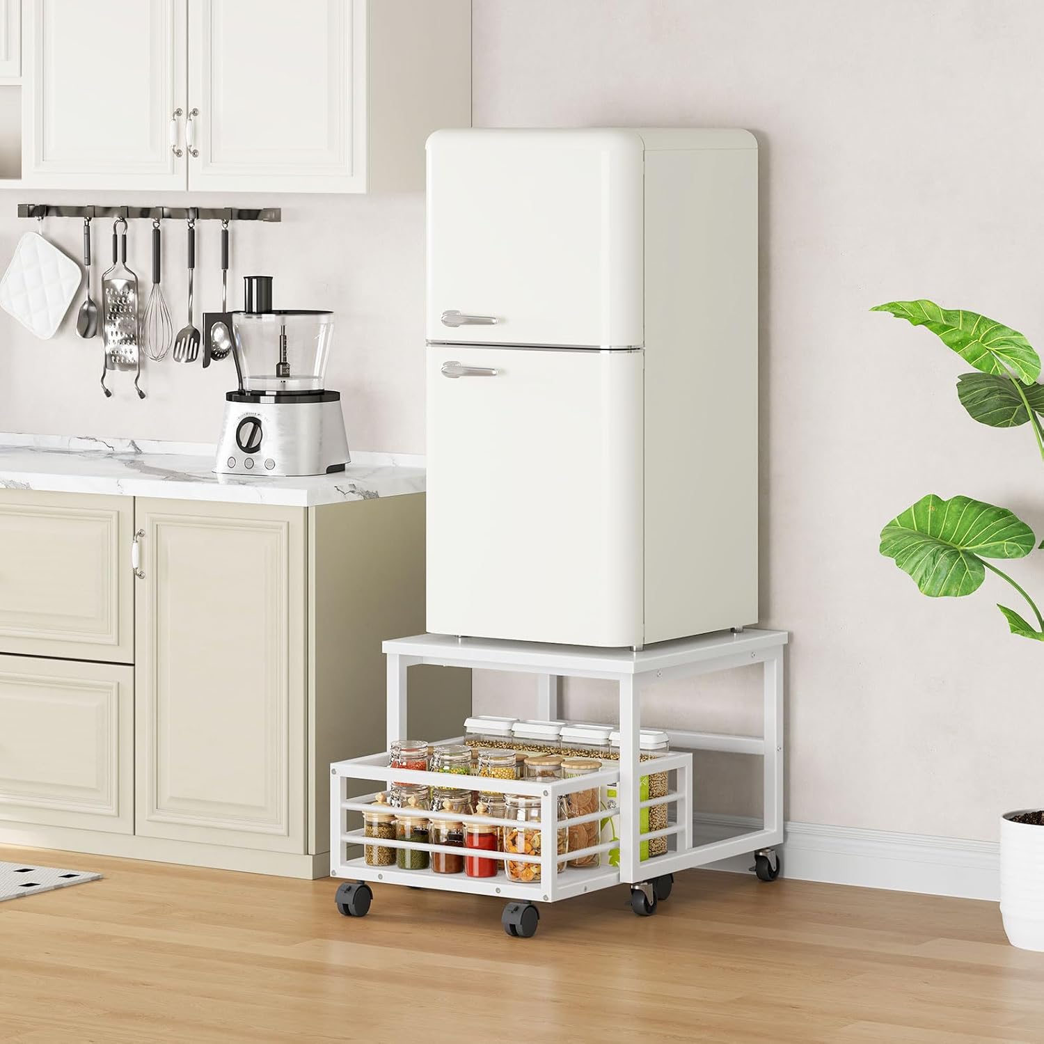 HOOBRO End Table, Mini Fridge Stand with Storage, Mini Fridge Table with Wheels and Adjustable Feet, Sturdy Metal Frame, for Living Room, Bedroom, Office, White WW155TL01