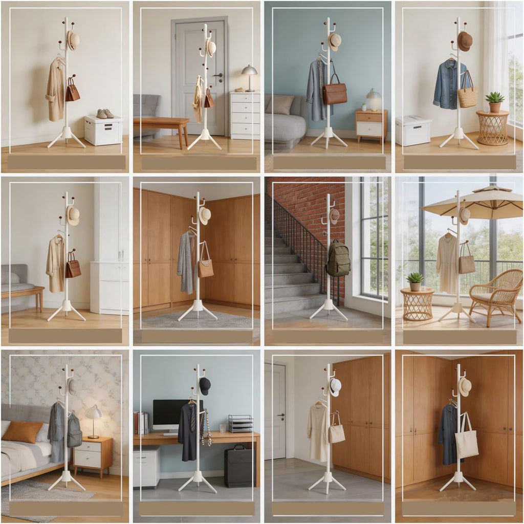 Heavy Duty Coat Rack, 8-Hook Freestanding Metal Clothes Tree Stand for Entryway, Hallway, Bedroom - Sturdy Triangle Base, Non-Tipping, Space Saving, White