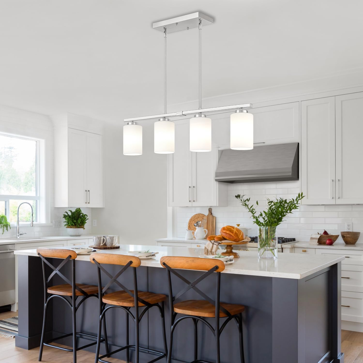 Modern Island Lights for Kitchen, Brushed Nickel Dining Room Light Fixtures, 4-Light Linear Chandeliers Over Table White Frosted Glass Kitchen Hanging Lights Pendant Lighting Over Island