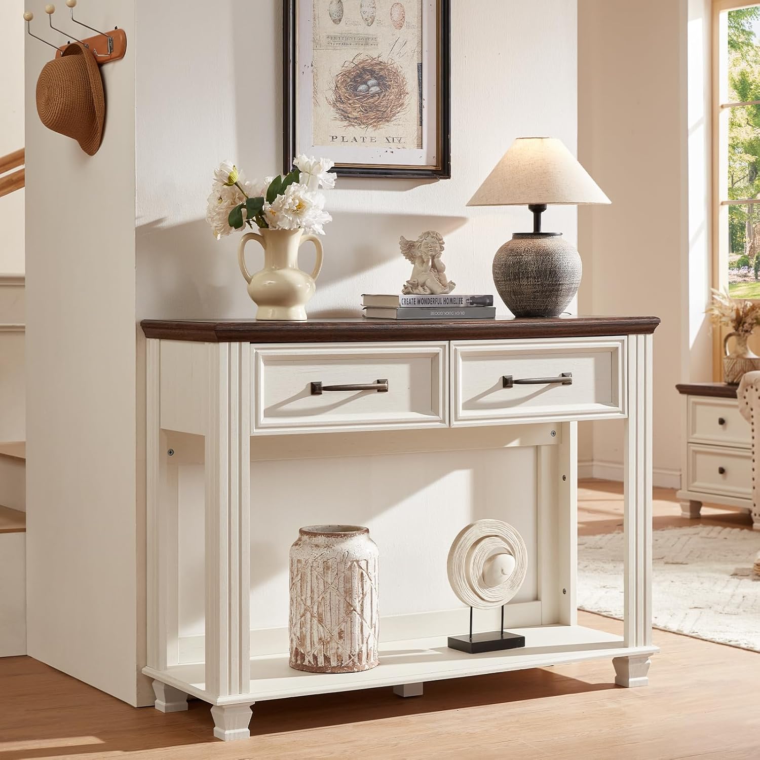 SAVOR LIFE Farmhouse 46" Console Table with 2 Drawers, Rustic Wood 2 Tier Entryway Table with Open Storage Shelf for Entry, Large Mid-Century Vintage Sofa Tables Behind Couch for Living Room, White