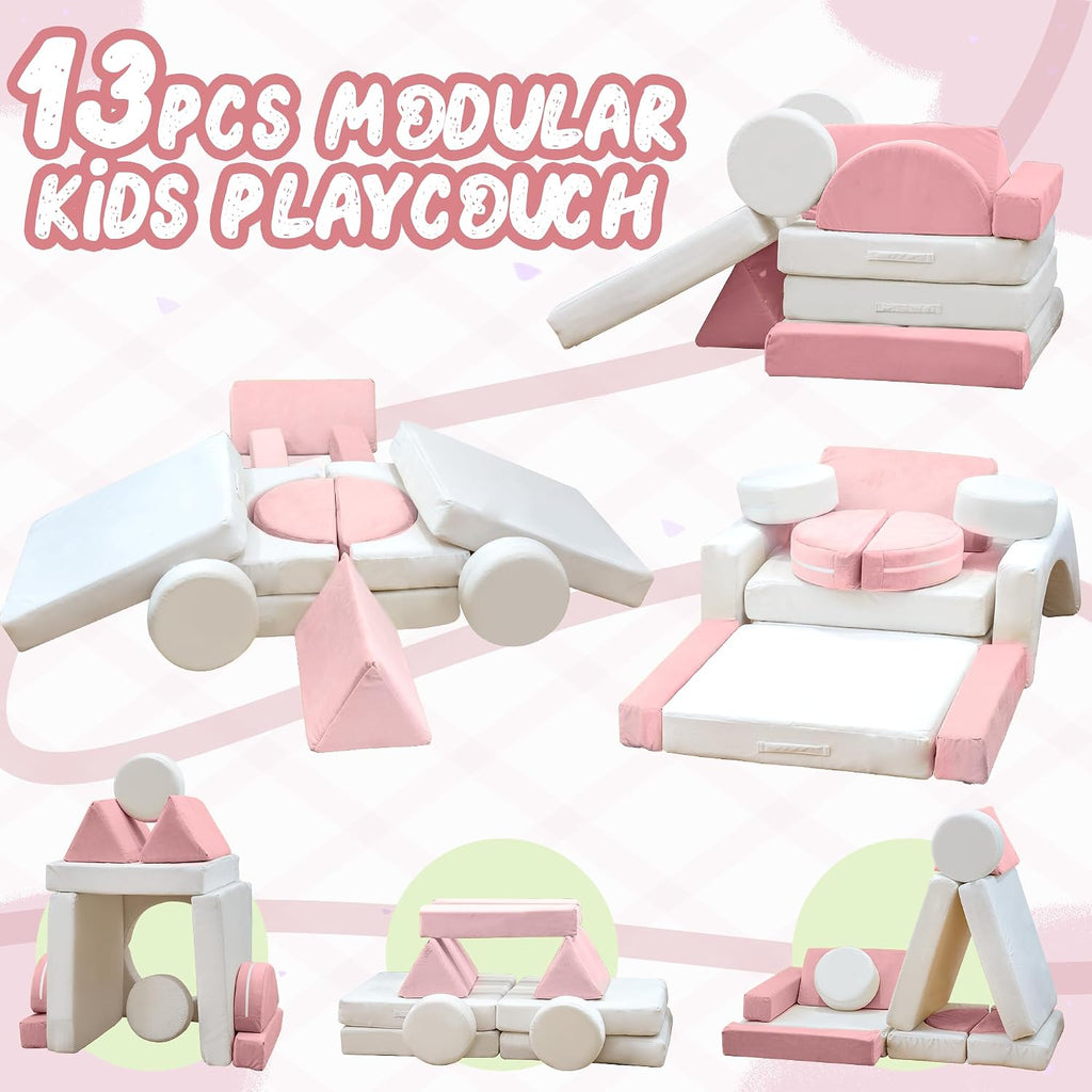 13PCS Modular Kids Play Couch with Washable Velvet Cover, Modular Couch for Boys and Girls, Convertible Foam and Floor Cushion for Nursery Playroom, Pink & Beige