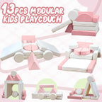 13PCS Modular Kids Play Couch with Washable Velvet Cover, Modular Couch for Boys and Girls, Convertible Foam and Floor Cushion for Nursery Playroom, Pink & Beige