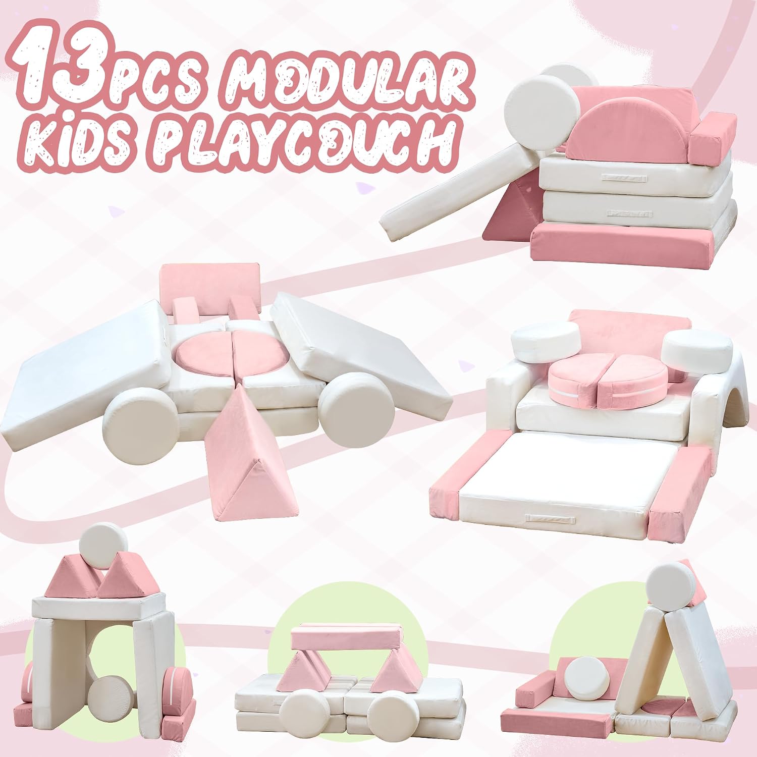 13PCS Modular Kids Play Couch with Washable Velvet Cover, Modular Couch for Boys and Girls, Convertible Foam and Floor Cushion for Nursery Playroom, Pink & Beige