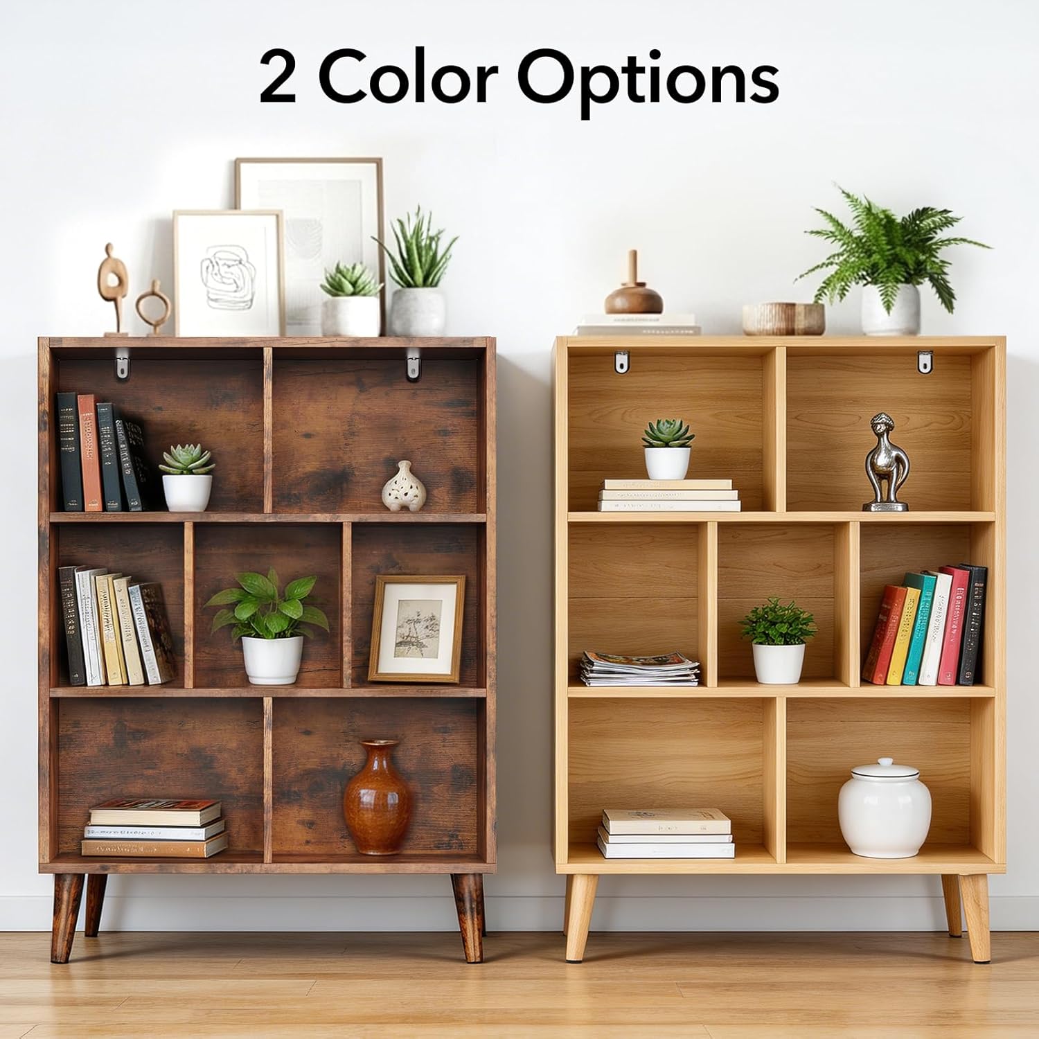 DUMOS Bookshelf, 7 Cube Storage Organizer with Legs, 3-Tier Modern Wooden Bookcase, Open Standing Display Shelf for Living Room, Bedroom, Office, Rustic Brown