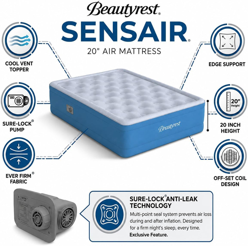Beautyrest SensAir 20" Air Mattress, Full Size, Sure-Lock Anti-Leak Pump, Cool Vent Topper, Off-Set Coil Support