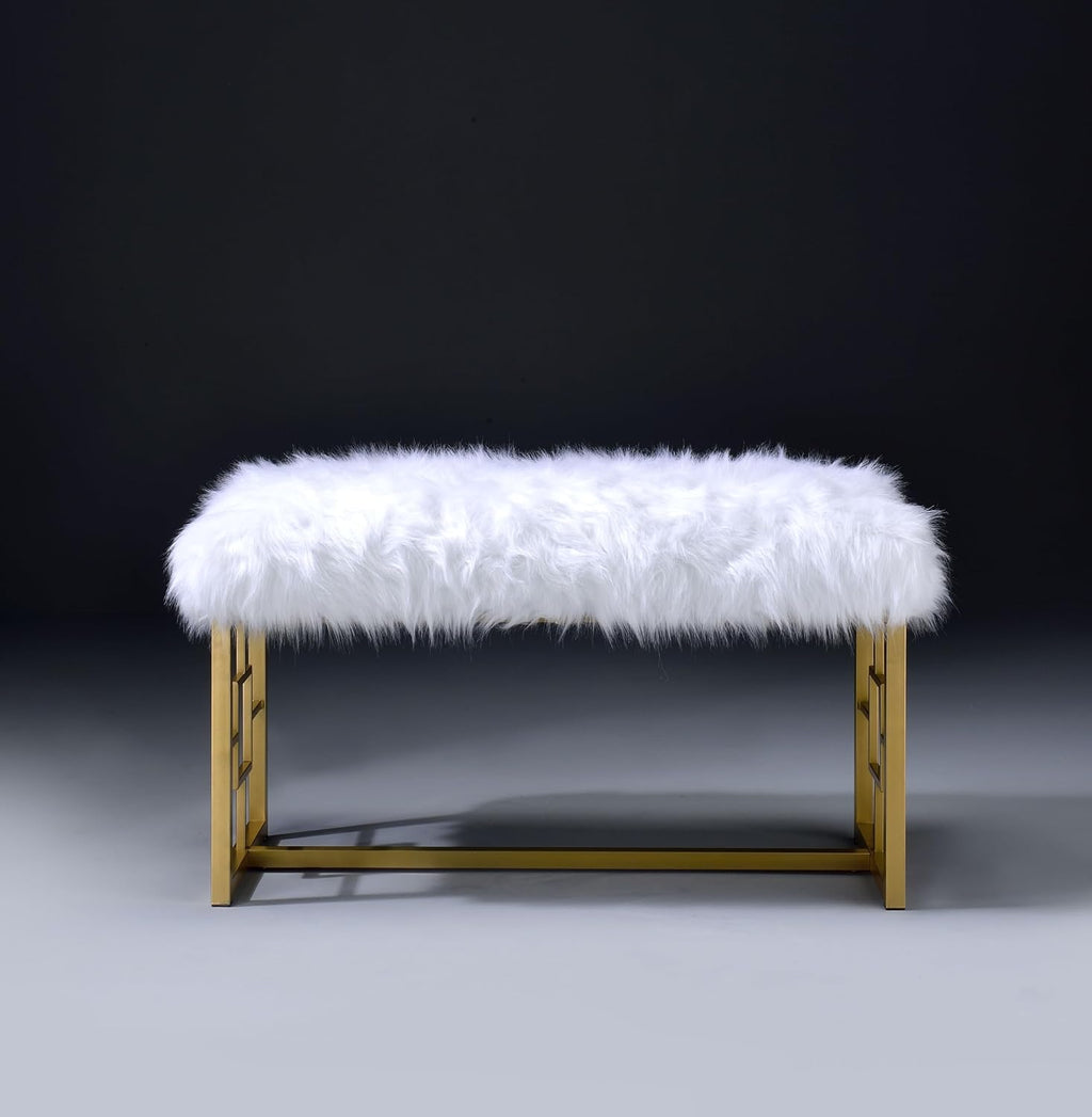 White Faux Fur Gold Bench: Modern Armless Lounge Seat - 21" Height 300lb Capacity - Entryway Bedroom Living Room Accent Furniture