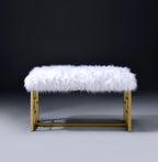 White Faux Fur Gold Bench: Modern Armless Lounge Seat - 21" Height 300lb Capacity - Entryway Bedroom Living Room Accent Furniture