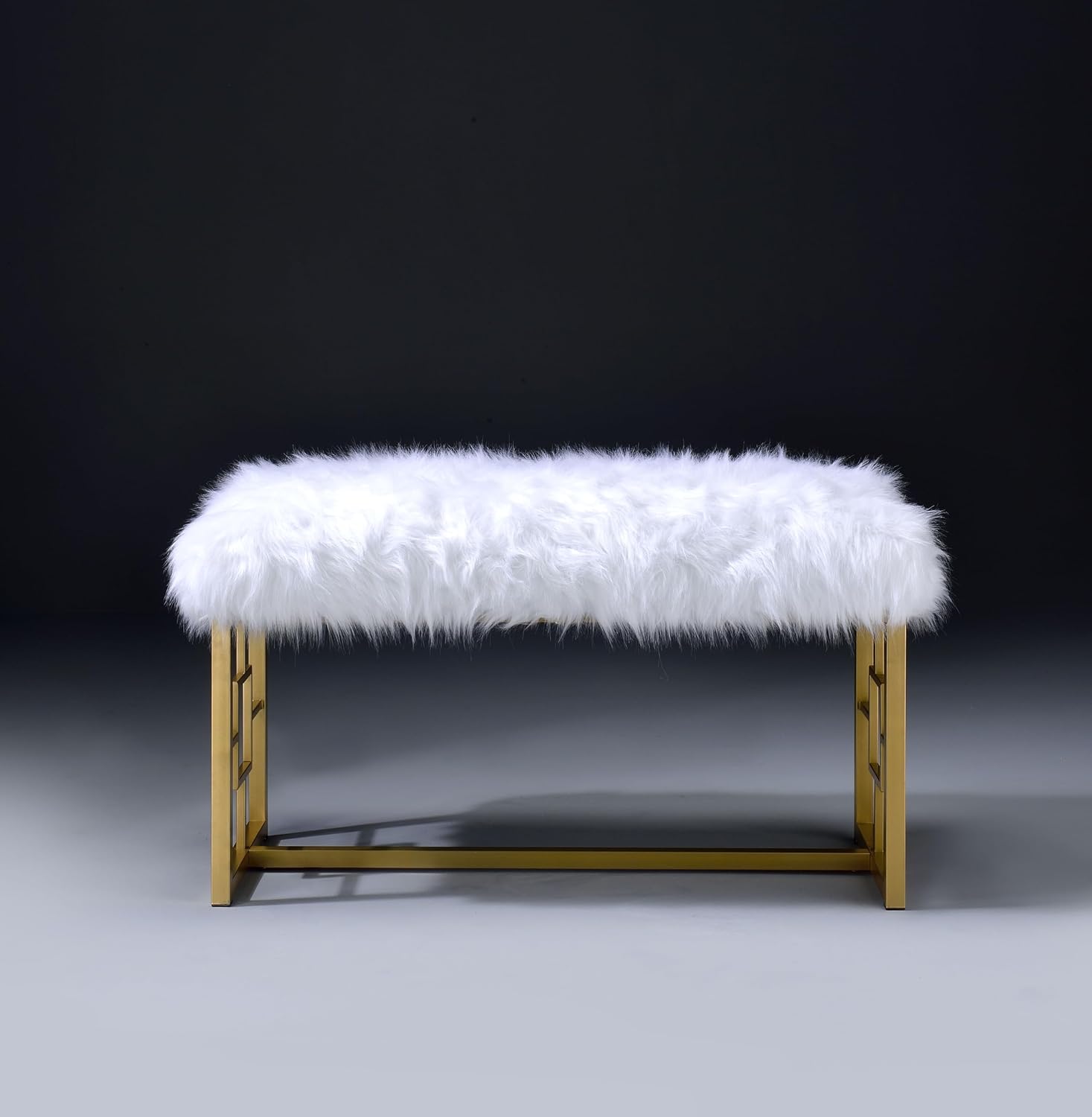 White Faux Fur Gold Bench: Modern Armless Lounge Seat - 21" Height 300lb Capacity - Entryway Bedroom Living Room Accent Furniture