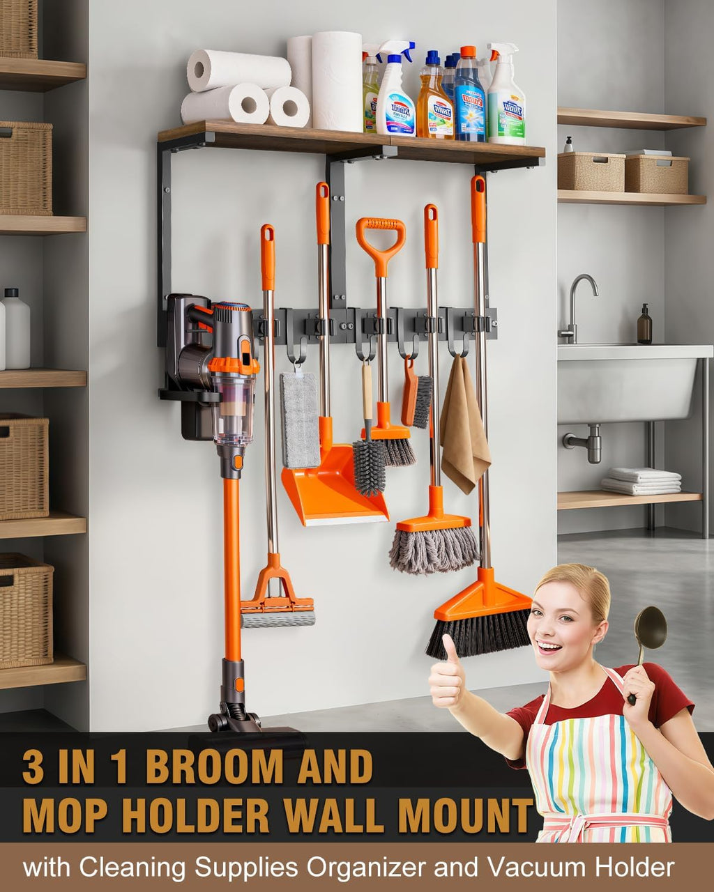 Supforce Broom Holder Wall Mount with Top Wooden Shelf, Heavy Duty Metal Cleaning Supplies Broom Hanger with Vacuum Organizer and 5 Slots & 5 Hooks for Laundry Garage Tool Storage Kitchen (Large)