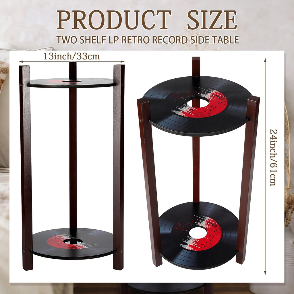 Roowest Vinyl Record Table 2 Tier Round Side Table with Storage Shelf Retro Record Desk Music Theme Home Decoration for Room Bedroom Plant Stand 1950's Rock and Roll Music Birthday Party Decor