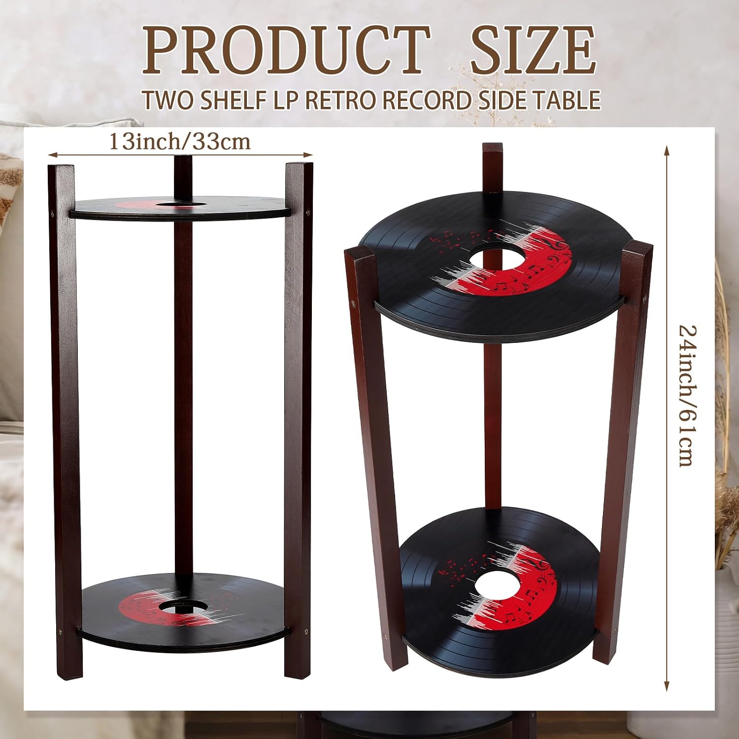 Roowest Vinyl Record Table 2 Tier Round Side Table with Storage Shelf Retro Record Desk Music Theme Home Decoration for Room Bedroom Plant Stand 1950's Rock and Roll Music Birthday Party Decor