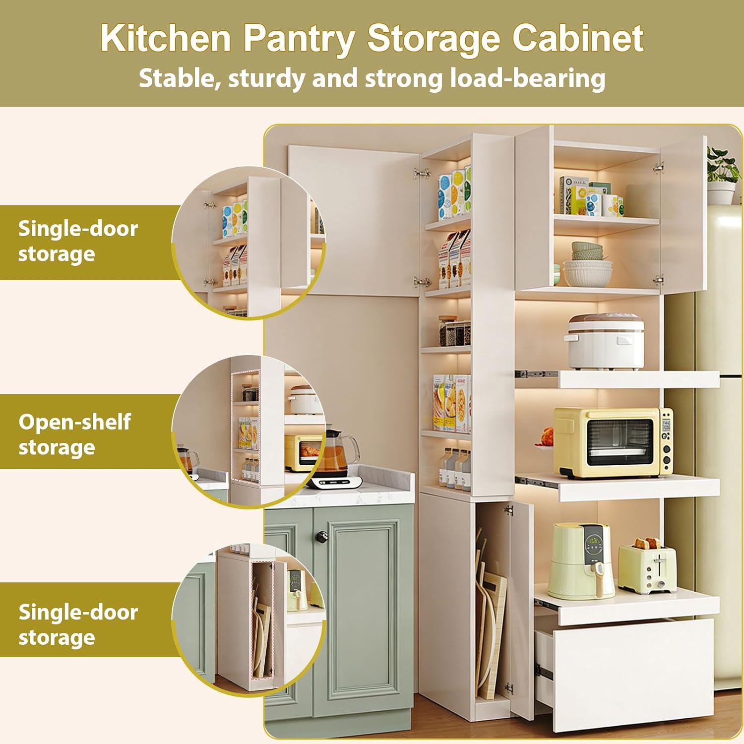 LINLIUA 71'' Tall Kitchen Pantry Cabinet, Wood Pantry Storage Cabinet with Doors, 3 Pull-Out Shelves and Drawer, Modern Slim Kitchen Hutch for Dining Room Small Space