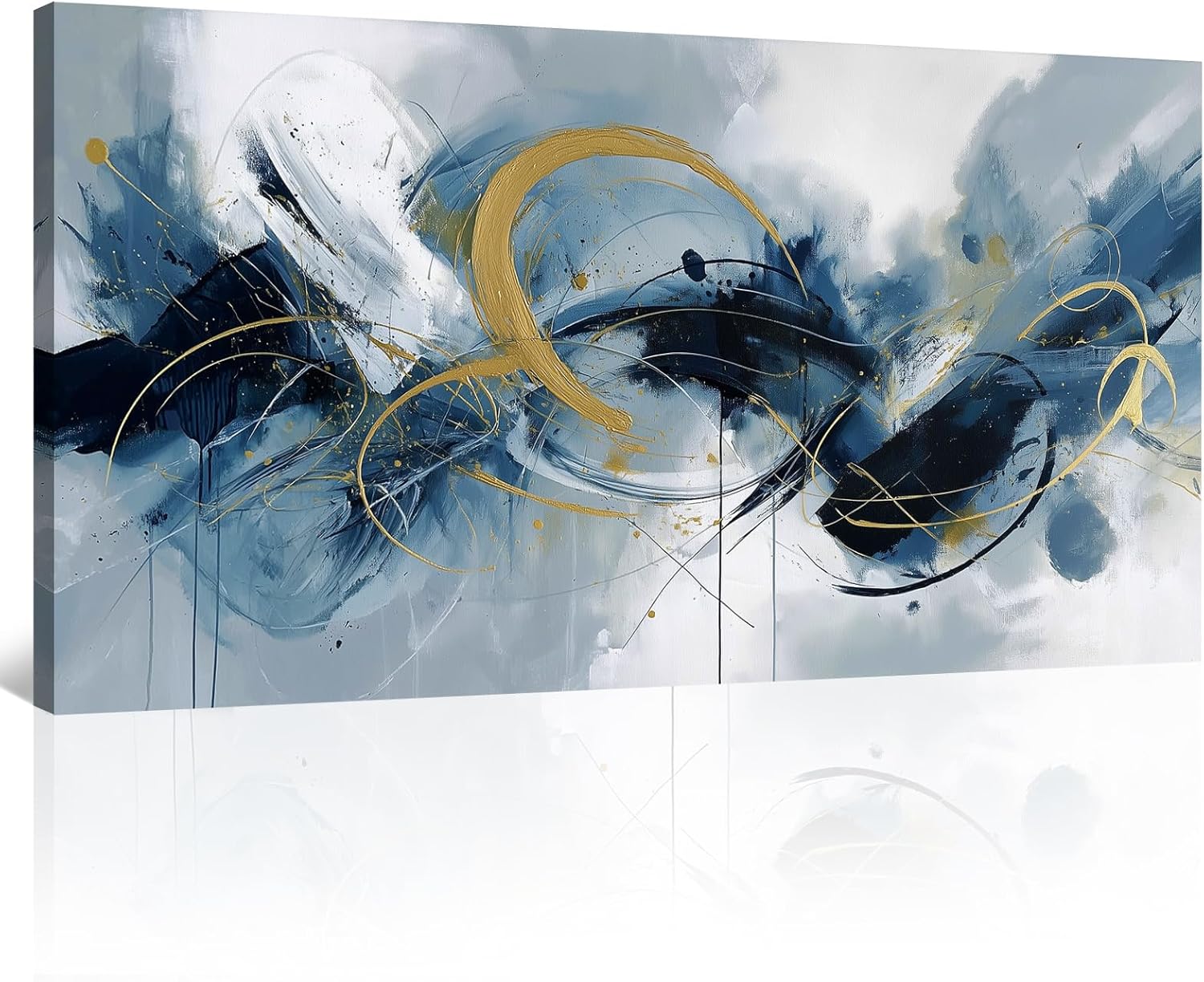 BewDalky Navy Blue Yellow Abstract Canvas Wall Art Large Modern Watercolor Fluid Art Prints Minimalist Lines Circles Pictures Wall Decor Contemporary Artwork for Living Room Bedroom Office 23"x46"