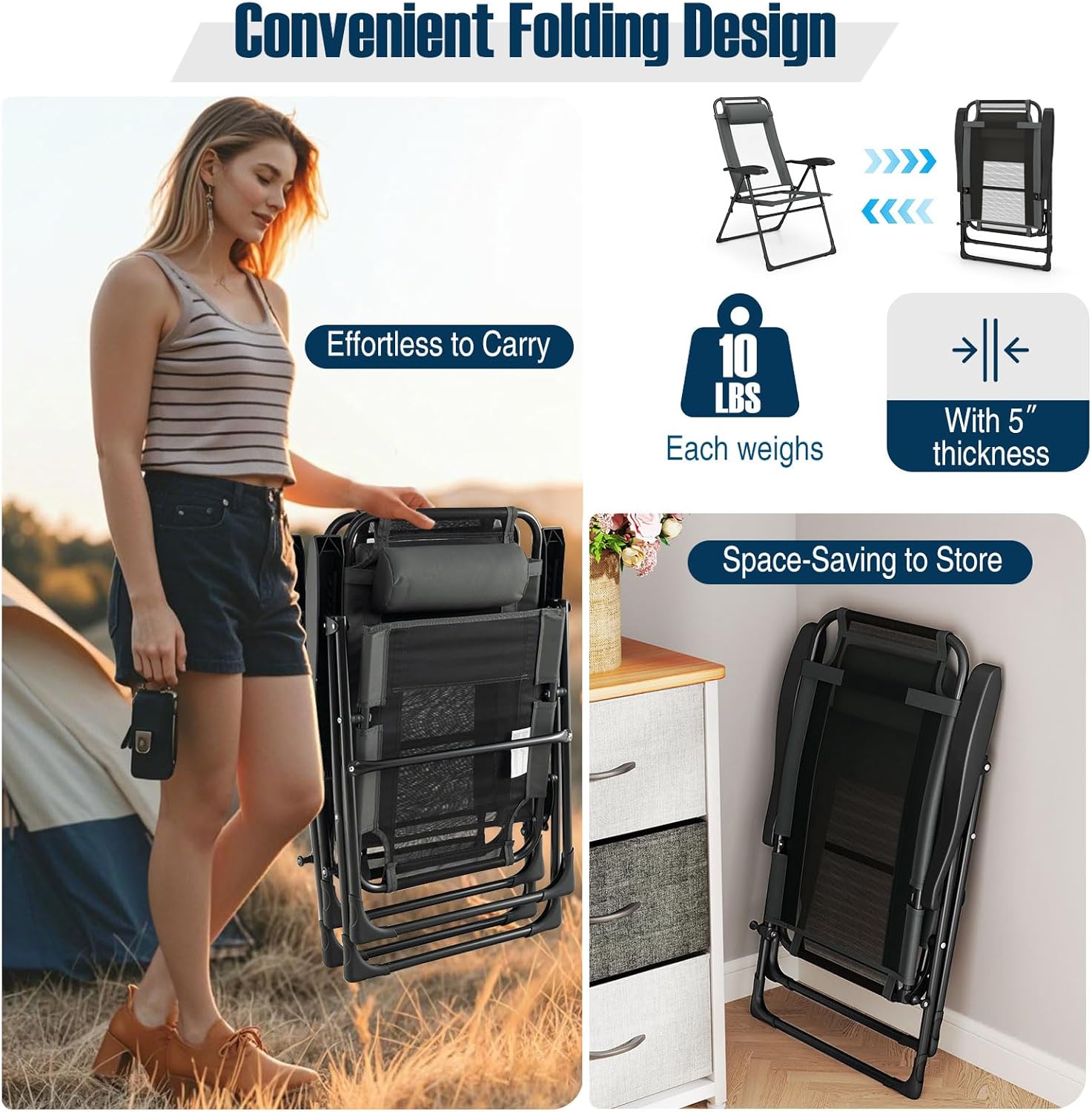 Giantex Set of 2 Patio Folding Chairs, Portable Outdoor Dining Chairs with 7-Level Adjustable Backrest, Headrest, Metal Frame, Outside Recliner for Front Porch Camping Picnic Lawn Garden, Dark Gray