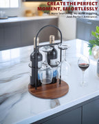 Wine Bottle and Glass Holder for Countertop | Small Wine Rack for 2 Bottles & 2 Glasses | Modern Tabletop Wine Storage with Round Wood Base | Freestanding Wine Stand & Caddy for Home Bar (Black)