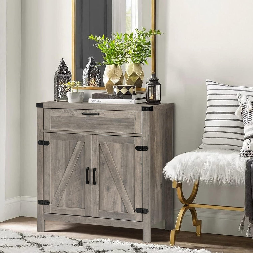 VINGLI Modern Farmhouse Sideboard Buffet Cabinet with Drawer, Storage Cabinet with Doors and Adjustable Shelves, Coffee Bar Station for Kitchen, Dining Room and Living Room, Ash Grey