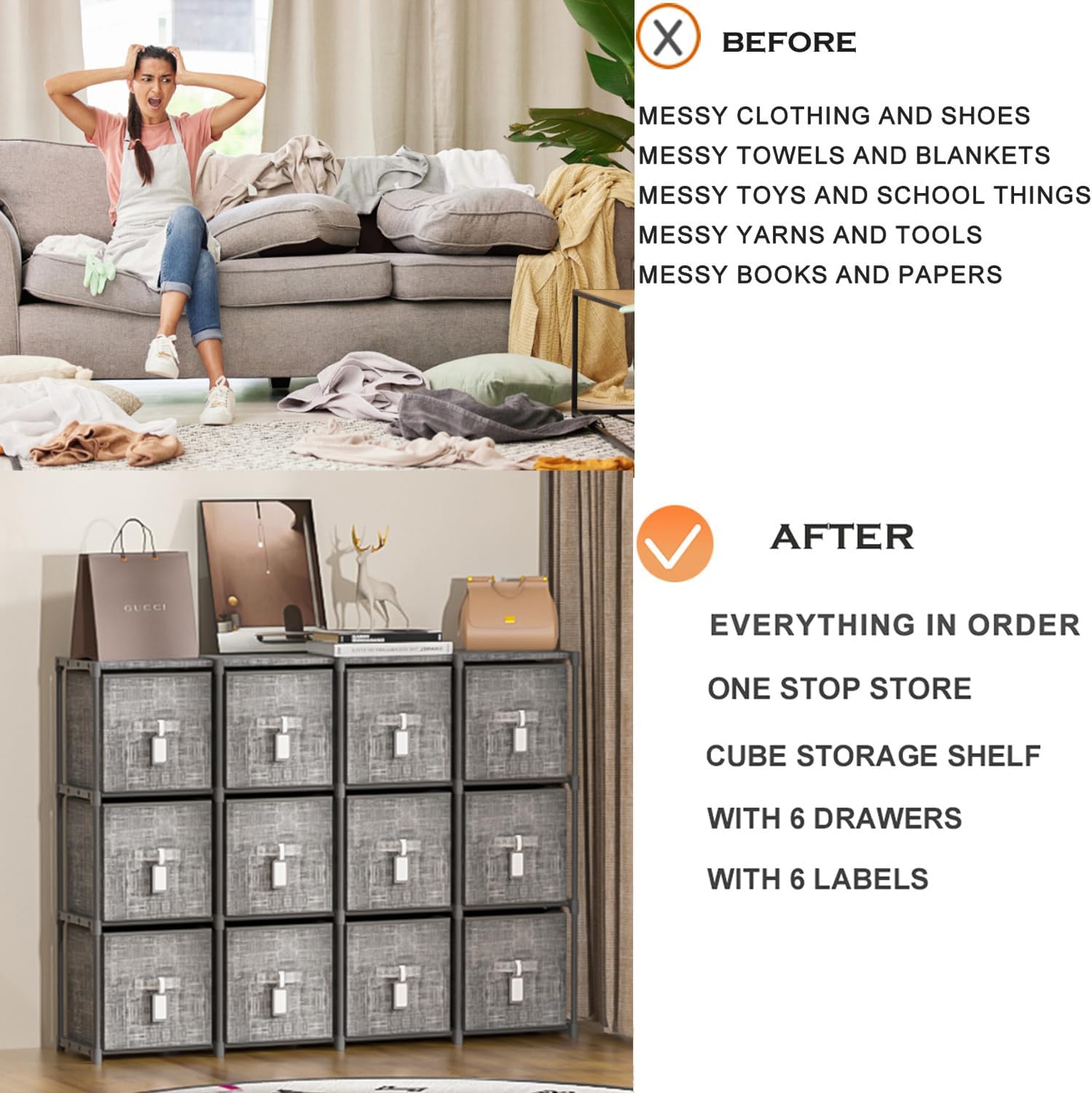 LUKYTOWER Cube Storage Organizer Shelf with 6 Printed Bins + Labels, Adjustable Modular Cubby Storage Organizer with Bins, Large Capacity Shelves for Storage,Closet, Living Room, Dorm, Yarn