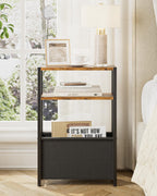 Narrow Side Table End Table, 3-Tier Side Table with Storage Bag, Narrow Nightstand for Small Spaces, Bedside Table for Living Room, Bedroom, Rustic Brown