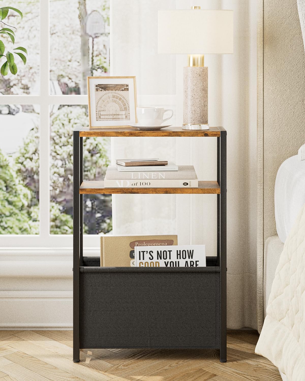 Narrow Side Table End Table, 3-Tier Side Table with Storage Bag, Narrow Nightstand for Small Spaces, Bedside Table for Living Room, Bedroom, Rustic Brown