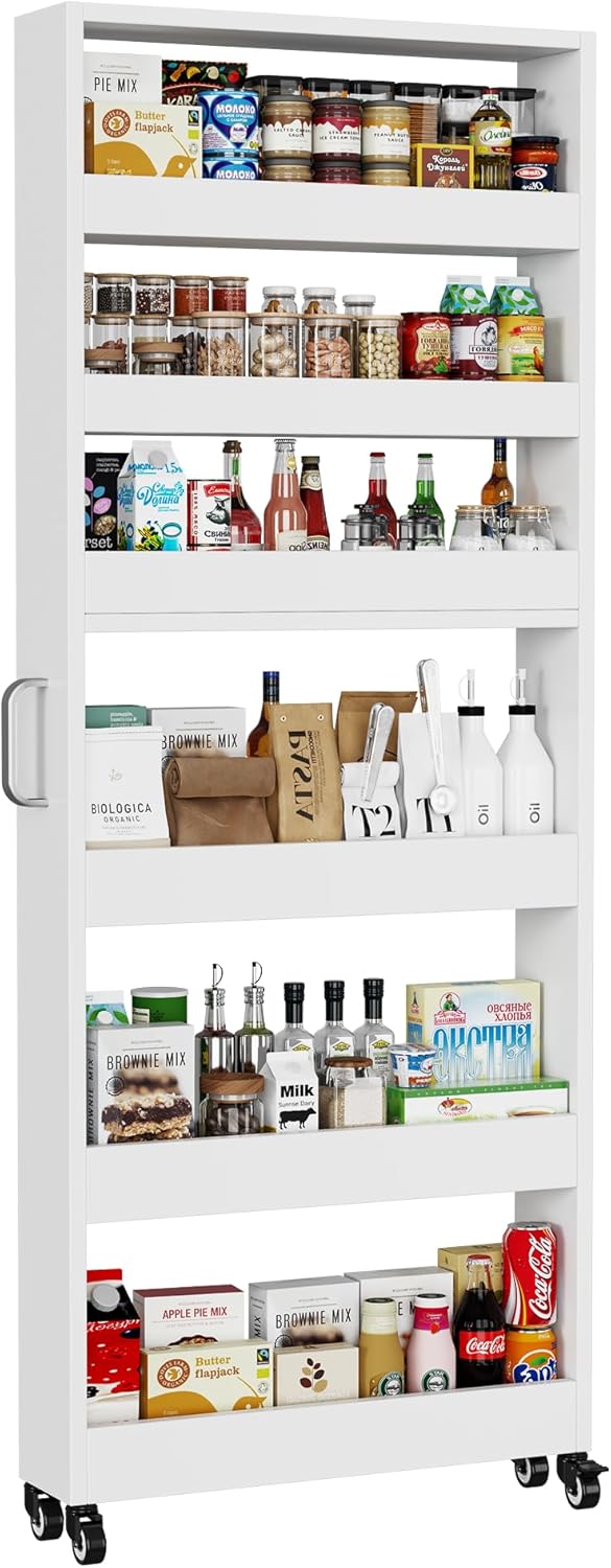 Slim Storage Cart, Lightweight 6 Tier Metal Rolling Utility Kitchen Cart on Wheels, Mobile Storage Shelving Unit Organizer for Bathroom Laundry Office Narrow Places (White, 6" D)