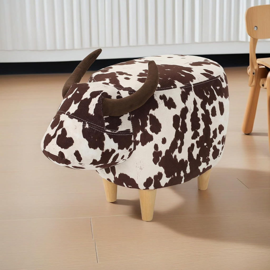 Brown and White Velvet Cow Shaped Ottoman, Cute Wood Foot Stool Shoes Changing Seat with Cushioned for Adult Living Room, Bedroom, Nursery Gameroom, Playroom, Porch Furniture