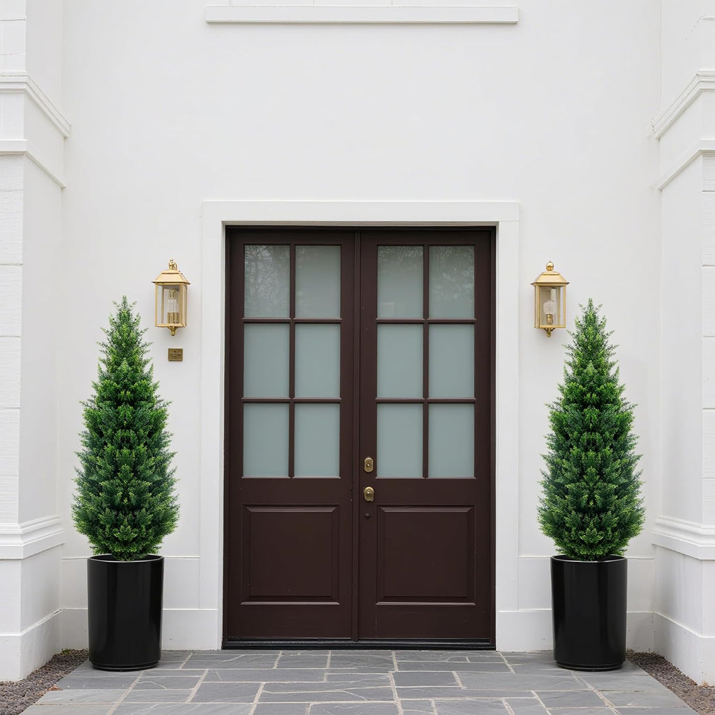 4Ft Artificial Cedar Topiary Trees (2-Pack) - UV Resistant Fake Shrubs with Ground Spike for Outdoor & Indoor Use, Front Porch, Garden Decor