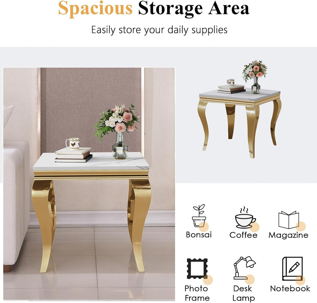 Luxury Marble Side Table, Square End Table with Faux Marble Tabletop & Gold Stainless Steel S Legs, Modern Sofa Side Table for Living Room, Bedroom, Home Decor