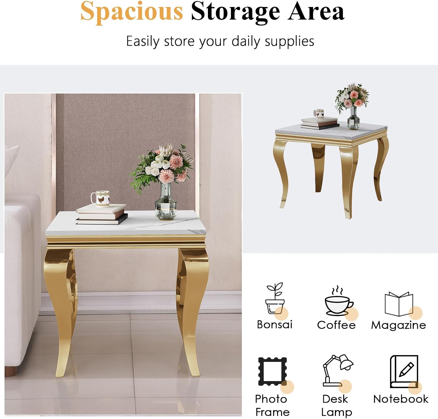 Luxury Marble Side Table, Square End Table with Faux Marble Tabletop & Gold Stainless Steel S Legs, Modern Sofa Side Table for Living Room, Bedroom, Home Decor