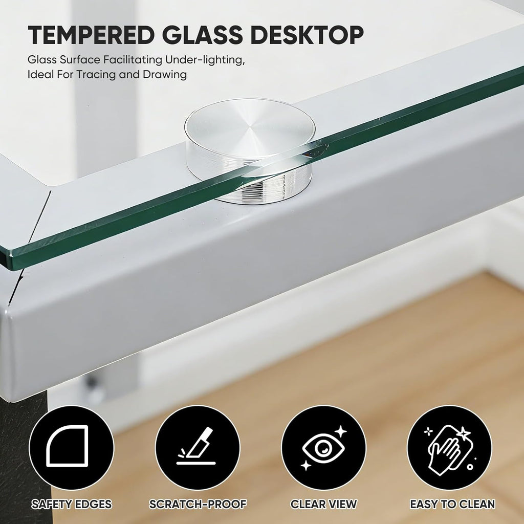Magshion Professional Drafting Table for Adults Teens, Tilting Glass Tabletop Art Craft Desk Diamond Watercolor Paintings Sketching Work Station for Home Office Reading, Writing, Crafting (Clear)