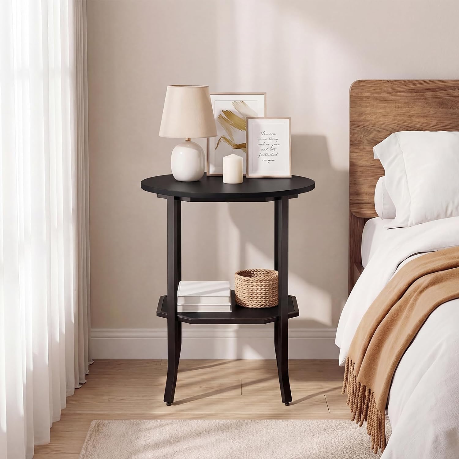 GOFLAME 2-Tier Round End Table, 20” Couch Sofa Side Table with Octagonal Storage Shelf & Metal Frame, Industrial, Modern Bedside Tables, Compact Nightstand for Living Room, Bedroom (Black,1)