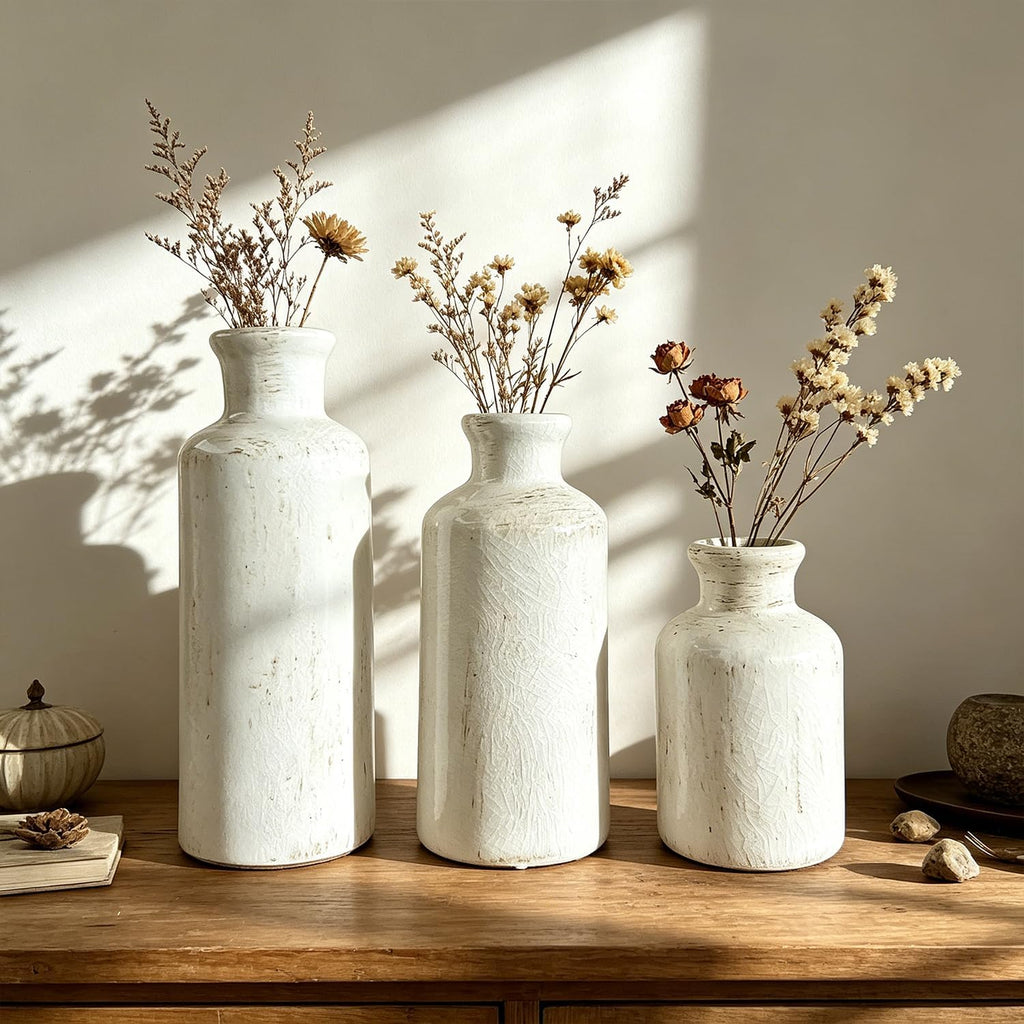 Modern Ceramic Vase Set of 3,White Rustic Vase Home Decor, Farmhouse Vase Decor for Shelves,Entry Table,Living Room,Fireplace