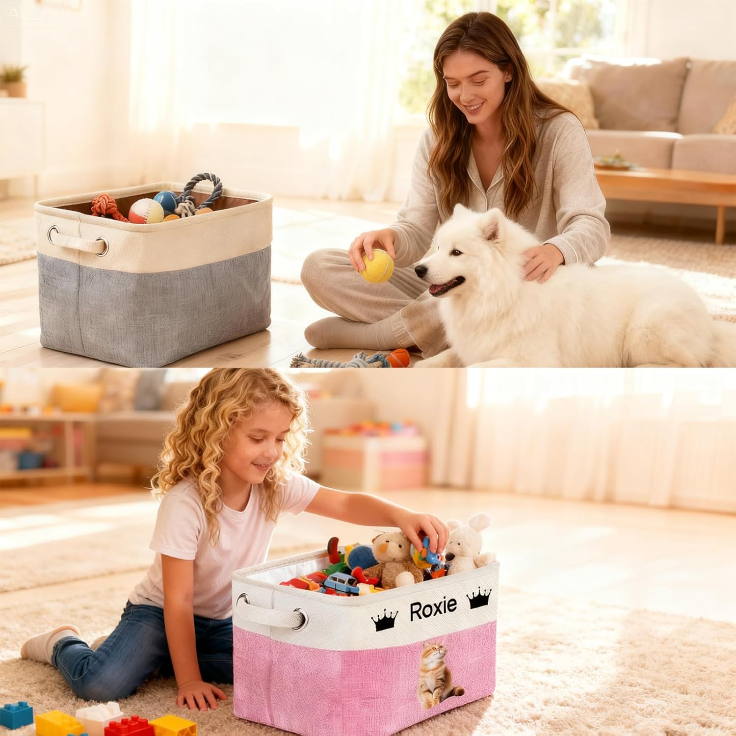 Customized Pet Toy Storage Basket - Personalized Dog & Cat Toy Organizer with Name, Foldable & Durable Fabric Bin for Pet Supplies, Organizer for Toys, Coats, Clothing, Blankets Pink