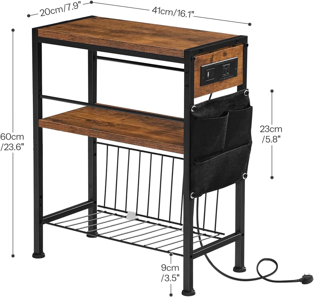 HOOBRO End Table with Charging Station, Small Side Table with Magazine Holder, Nightstand Bedside Table, 3-Tier Storage Shelf for Small Space, Living Room, Bedroom,Rustic Brown and Black BF412UBZ01