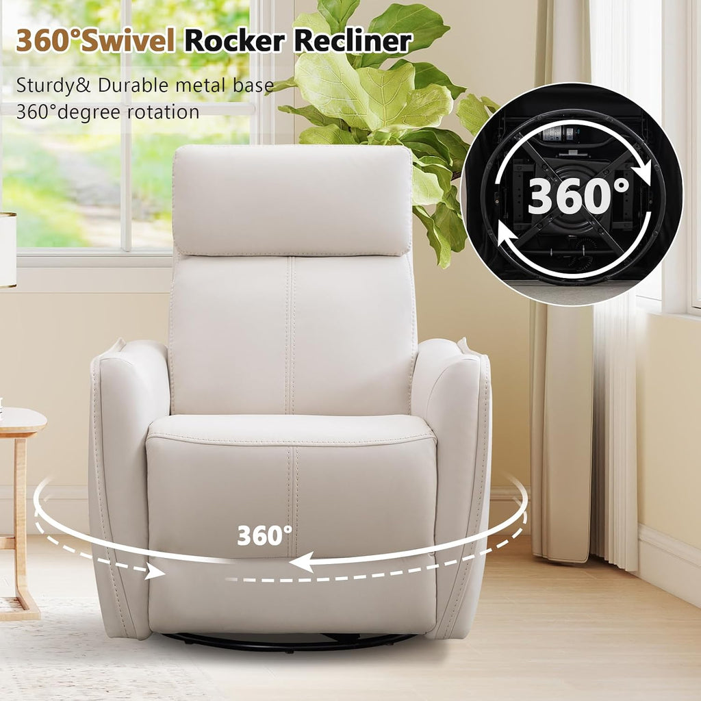 HAOMARKETS Electric Swivel Rocker Recliner Chair, Power Faux Leather Glider Rocking Recliners for Adults,360° Swivel Nursery Reclining Sofa with USB Charging Port, White