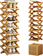 Bamboo Foldable Shoe Rack, 9 Tier Portable Shoe Storage Rack, Multi Functional Narrow Vertical Shoe Racks, Shoe Shelf for Entryway, Corner, Bedroom, Hallway, Balconies, Small Space