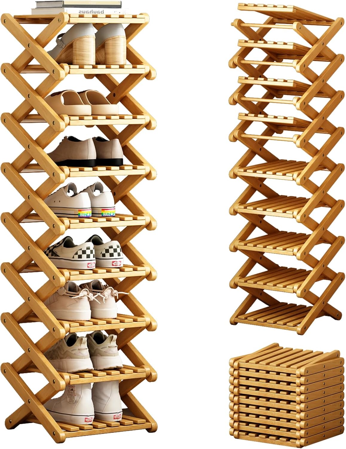 Bamboo Foldable Shoe Rack, 9 Tier Portable Shoe Storage Rack, Multi Functional Narrow Vertical Shoe Racks, Shoe Shelf for Entryway, Corner, Bedroom, Hallway, Balconies, Small Space
